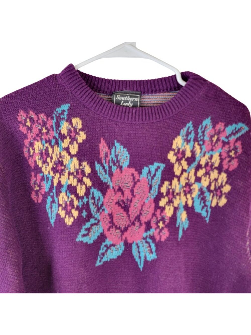 Vintage 80s Floral Sweater Women XL 14 Purple Knit Top Colorful Flower Soft 16 - Picture 8 of 13